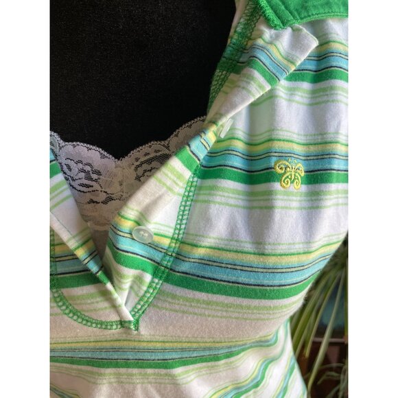VTG Y2K Energie green striped polo top preppy Sz XL Mallcore Bratz Avril Lavigne - Picture 5 of 10